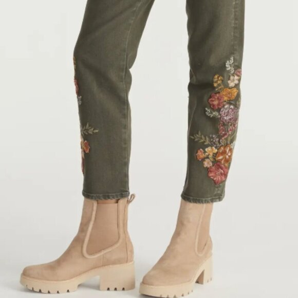 DRIFTWOOD Denim - Driftwood Royce Floral Embroidered Straight Leg Jeans Olive Green 24 NWT